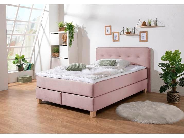 Boxspringbett, Lila, 153x207 cm, Struktur fein & Samtstoff, Inkl. Topper, Klassisch, Home-affaire