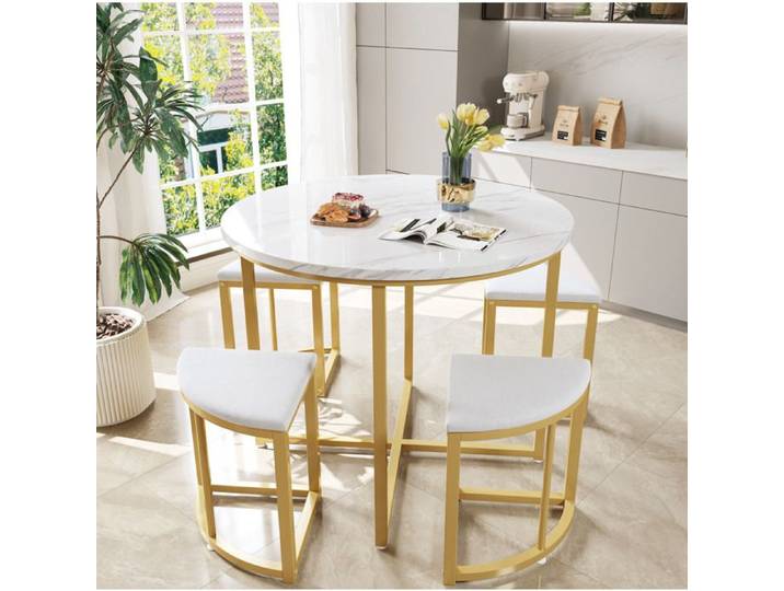 SENVIRO ensemble repas table ronde et quatre chaises plateau blanc structure dorée 80x80x75cm blanc et or