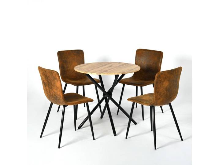 URBAN MEUBLE Ensemble Table Vintage Bois Ronde – 4 Chaises Retro Tissu Usé Design Rustique pour Cuisine/Salon