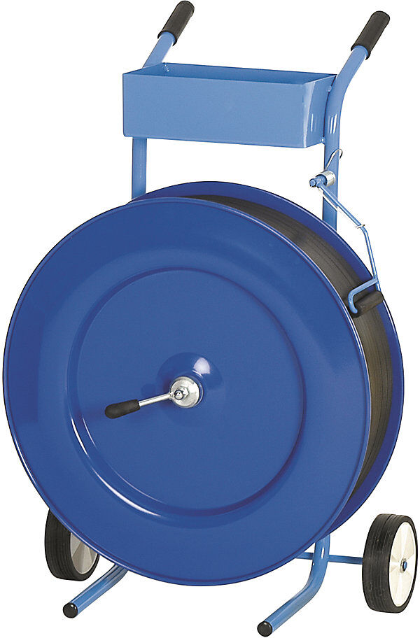 kaiserkraft Bandabroller für PP-Band, für Bandbreite 13 mm, fahrbar, mit Ablagefach und Bügelbremse