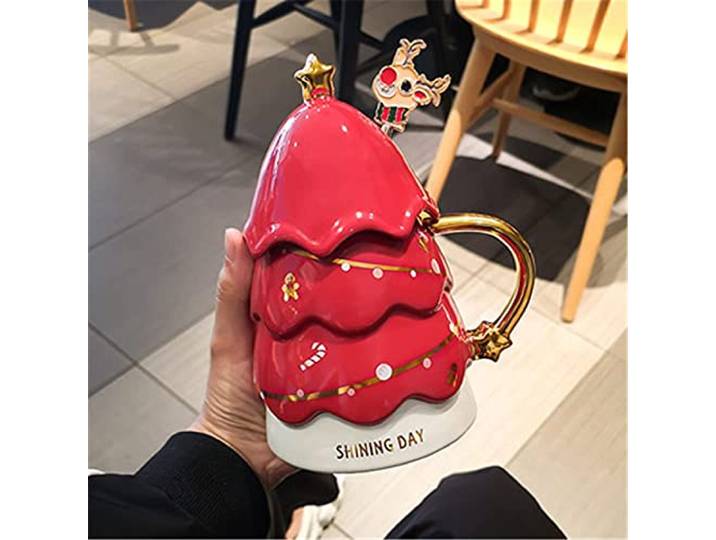 KFGISD, Weihnachtsbaumbecher mit Deckel und Löffel, Milchkaffeetasse,Weihnachtsdekoration