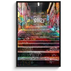 POSTER MIT RAHMEN Treppe - Graffiti - Farben - Kunst Bilderleiste 80x120 cm