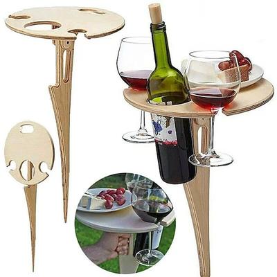 Weintisch im Freien, runder klappbarer Weintisch, Picknick-Campingtisch aus Holz, Strandtisch, Champagner-Picknicktisch für draußen, Park, Rasen, Strand, Picknick, Weinglashalter, Reisen