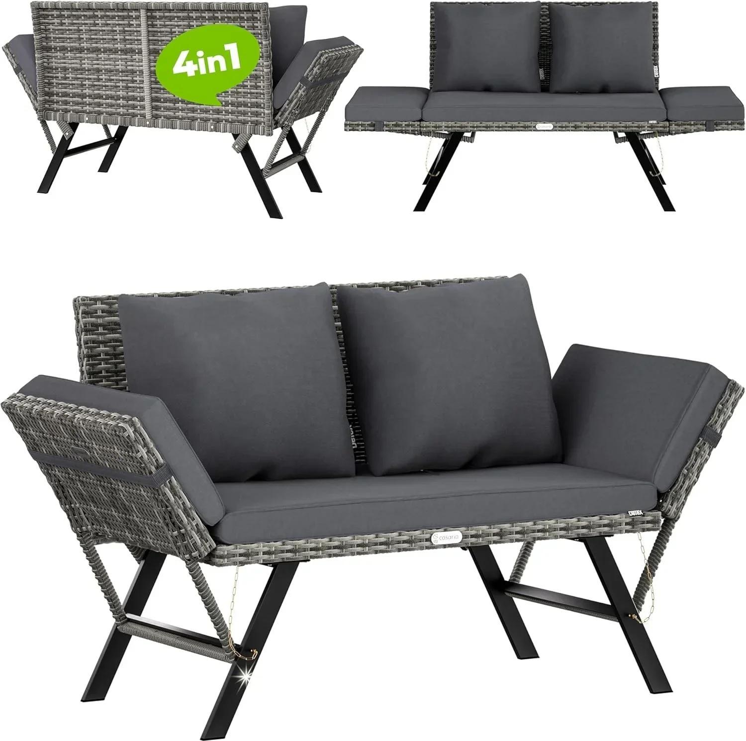 Gartensofa/Gartenbank für draußen - 3-Sitzer Polyrattan - Stahlrahmen - Selbstmontage - Minimalistisches Design - Für Terrasse & Balkon - Dunkelgrau