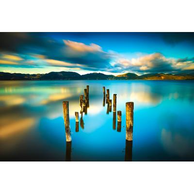 Fototapete PAPERMOON "HOLZ-BRÜCKE-ALT STEG MEER GEBIRGE SEE STRAND SONNE RUHE", bunt, B:2m L:1,49m, Vlies, Tapeten