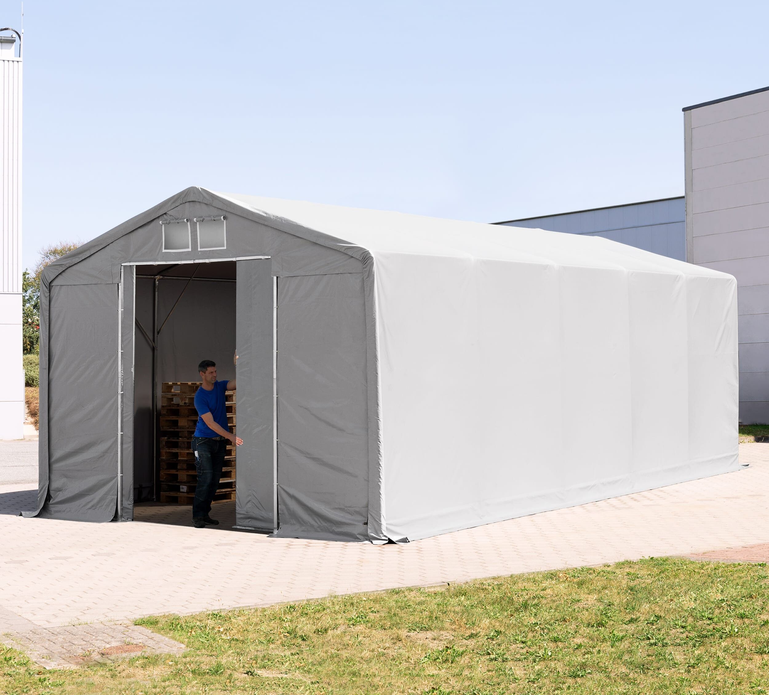 TOOLPORT 6x10m Zelthalle, PRIMEtex-Plane, grau, mit Statik (Betonuntergrund) - (94205)