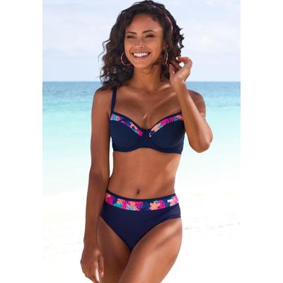 Bügel-Bikini-Top LASCANA "Exotic", Damen, Gr. 44, Cup B, blau (navy), Recycling-Polyamid, unifarben, Bikini-Oberteile, mit bedruckter Blende an den Cups