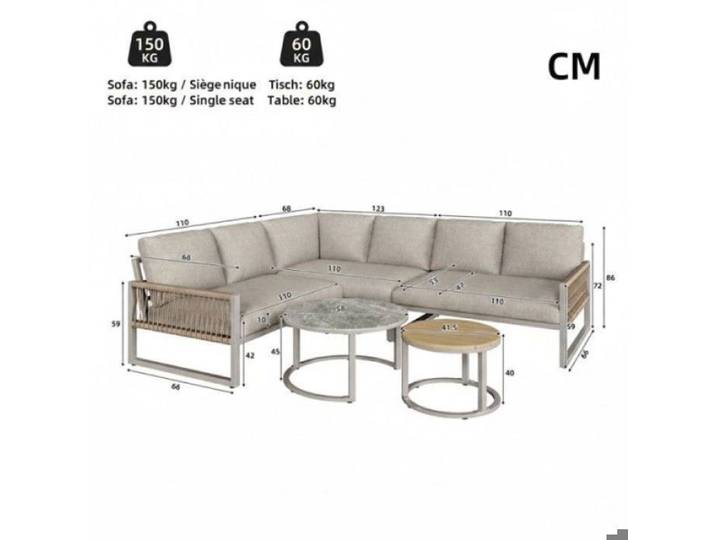 Salon de Jardin Complet Canapé Angle Fauteuils 2 Tables Coussins 8cm Structure Métallique Robuste SALON BAS DE JARDIN