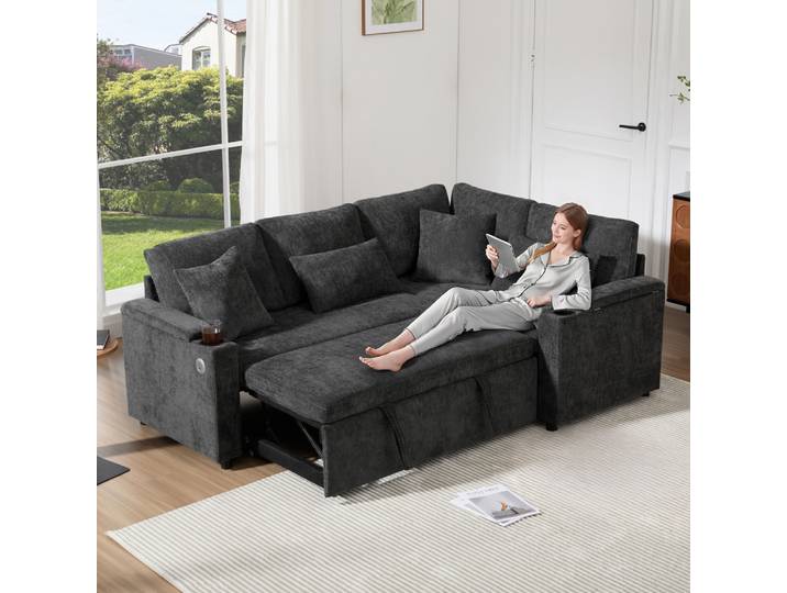 Canapé d'angle extractible en forme de L, avec espace de rangement, port de chargement USB, accoudoir et quatre oreillers, pour salon, cinéma maison