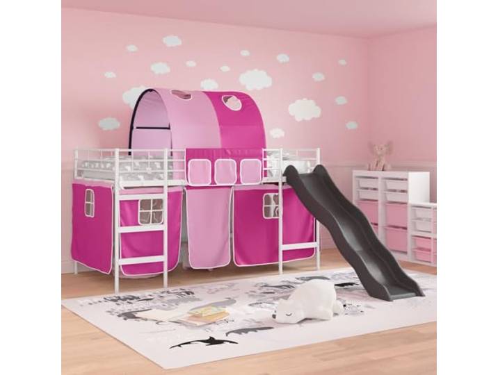 SKTQYQO Kinderbett Loft weiß rosa 107 x 203 cm Bogendesign, praktische Vorhänge, Spiel- und Ruhebereich, robuste Struktur