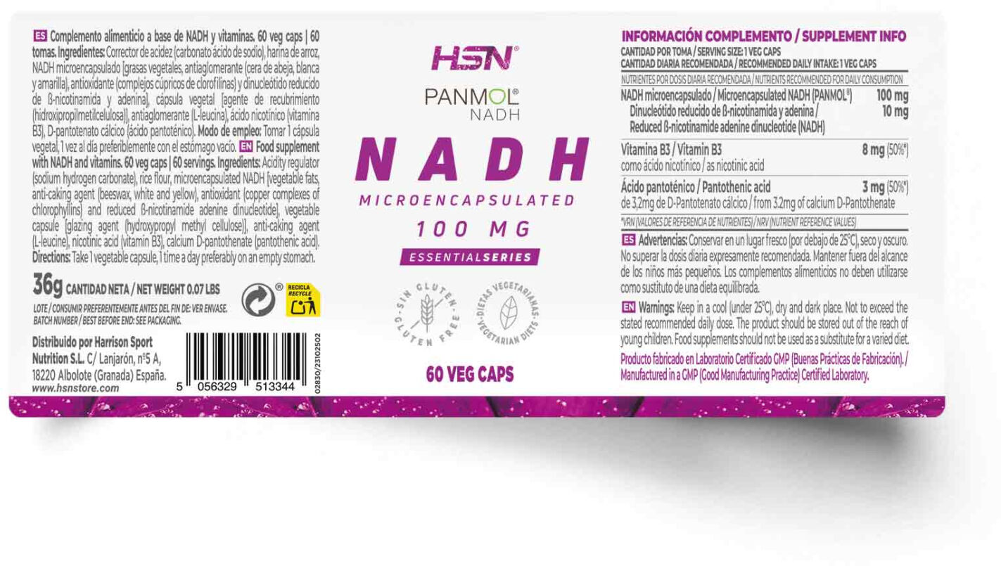HSN NADH microencapsulado 100mg (PANMOL®) - 60 veg caps - Energizantes Naturales - Cápsulas Vegetales - 60  Servicios
