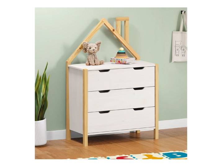 IDIMEX Kommode ELANO, Kinderzimmer Schubladenkommode aus Massivholz Haus-Form Natu/Weiß
