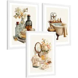 POSTER 3er-Set dekorative Badezimmer-Wandbilder und, Vintage-Stil für Waschbecken, Dusche, WC mit Badewanne, Blumen und Spiegel Weißer Rahmen A4