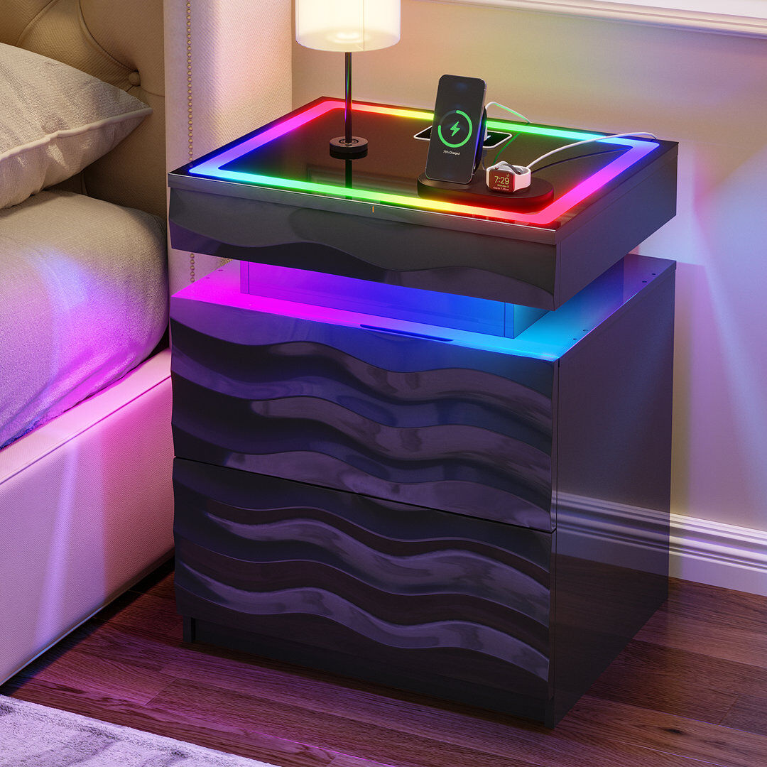 Vlsrka Motion Sensor RGB Light Bedside Table with Tempered Glass Top and Hidden Storage Black 60cm H X 50cm W X 40cm D