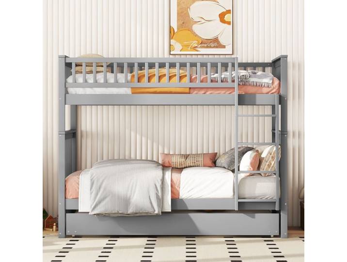 90*200cm Lits superposés Lits d'enfant Lits triples Lits superposés avec lit gigogne Hautes rampes Escalier stable Gris
