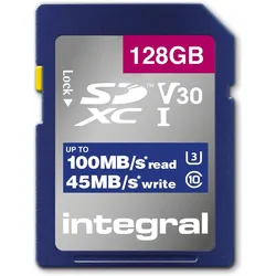 Integral INSDX128G-100V30 128GB SD CARD SDXC UHS-1 U3 CL10 V30 UP TO 100MBS READ 45MBS WRITE (128 GB, SD, SDXC, U3, UHS-I), Speicherkarte, Schwarz