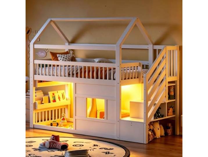 Holzbett Hausbett 90x200 mit LED-Licht & Regal & Treppe & Stauraum, Weiß Multifunktionales Kinderbett Hausbett 90x200 mit LED-Beleuchtung, Regal, Treppe, USB-Anschluss und Stauraum, Ohne Matratze