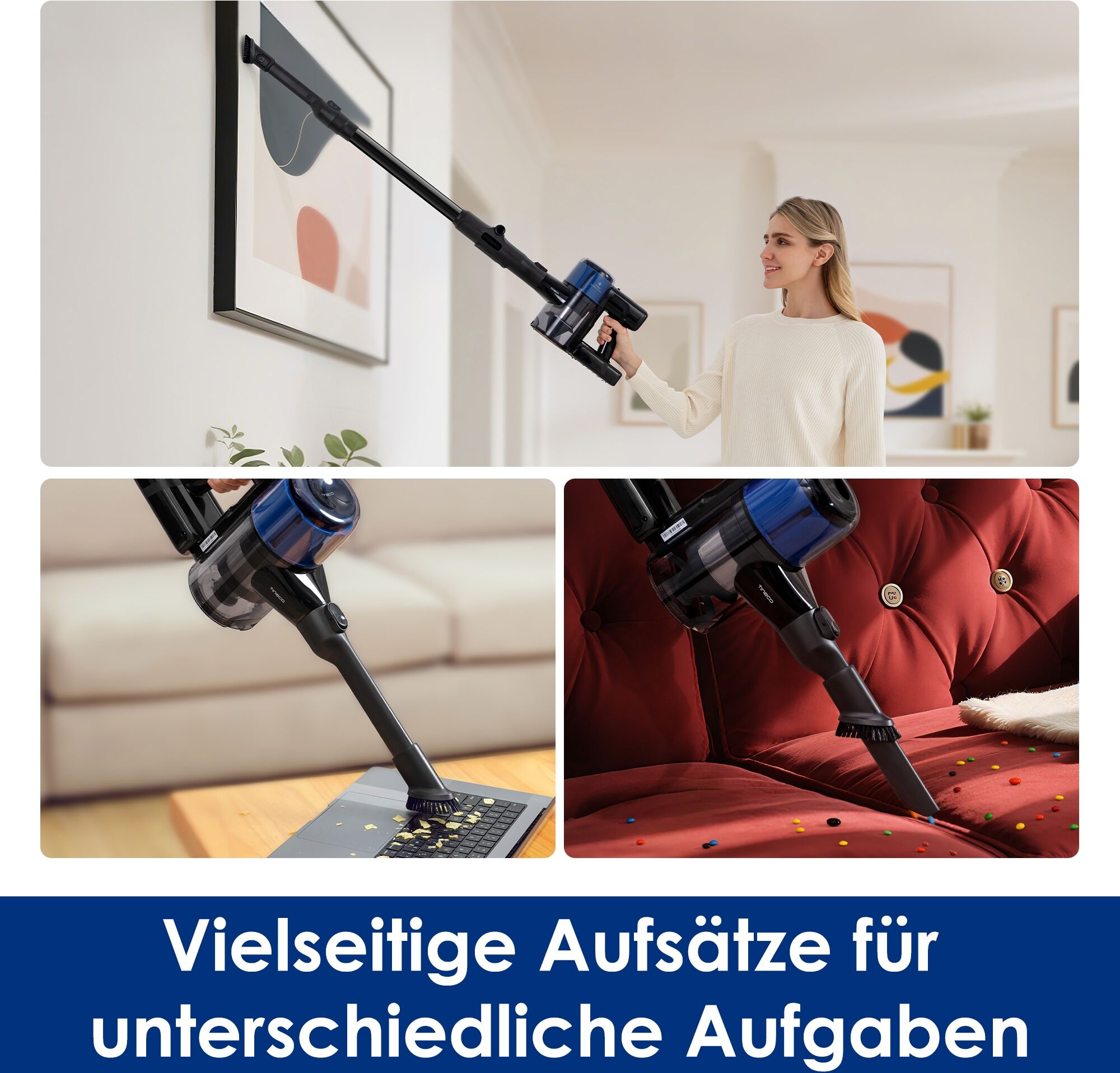TINECO Akku-Stielstaubsauger "Pure One S30 Pro mit faltbarem Saugrohr und 65 Min Akku", grau (schwarz, blau), B:27,7cm H:115cm T:26cm, Akkusauger, 200W Saugleistung, Akku-Stielstaubsauger