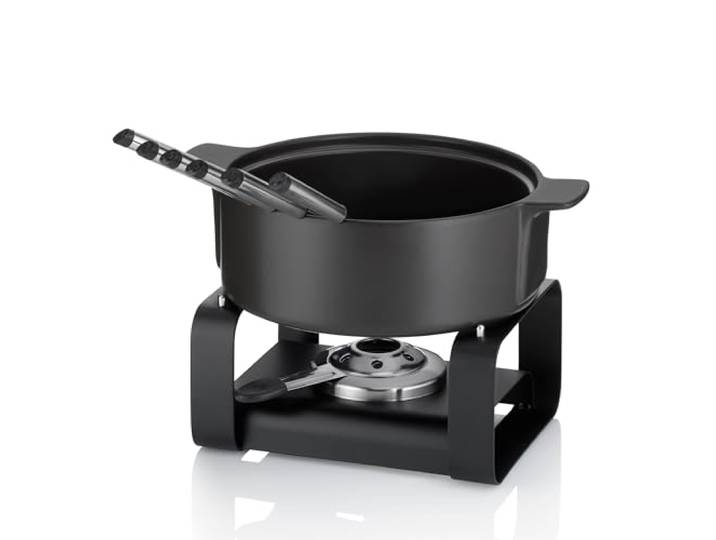 kela Käsefondue-Set Roman, 9-teilig, Durchmesser 22,5 cm, 1,75 L, Keramik, schwarz, Topf, Sicherheitspastenbrenner, Rechaud, 6x Fonduegabeln, 16665