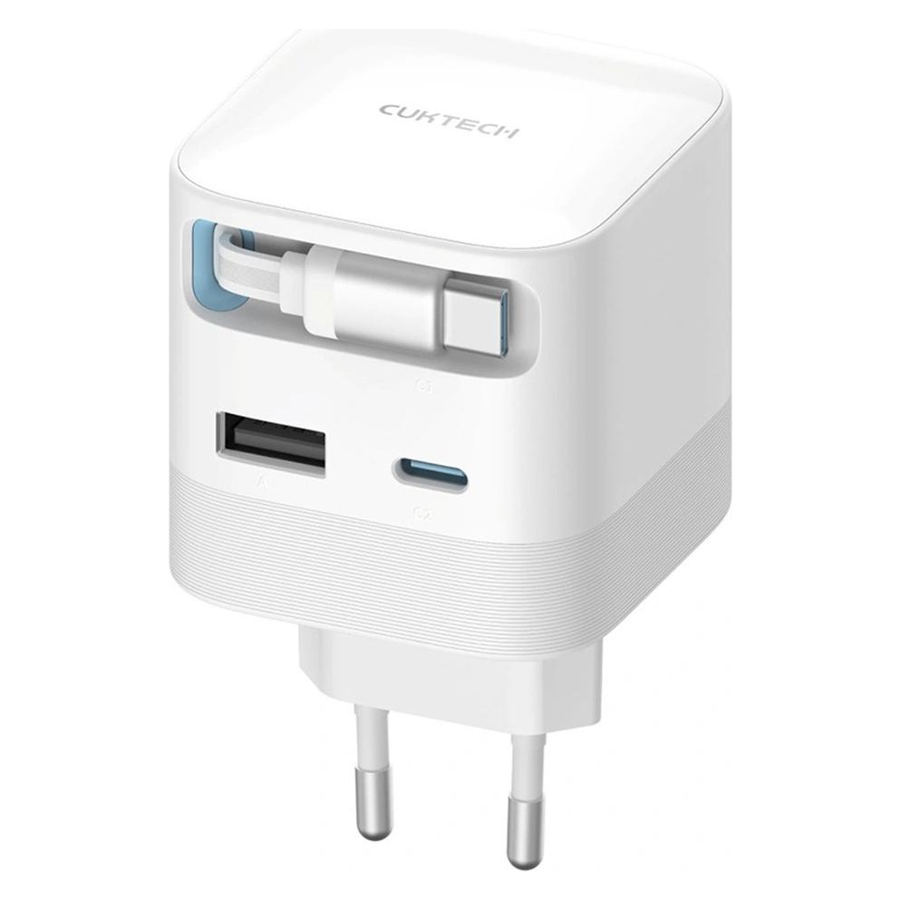 Cuktech AD653W 67W GaN 2x USB-C + USB-A Wandladegerät mit 70 cm einziehbarem USB-C-Kabel - Weiss (67 W, 3 Ports) (6977556351761)