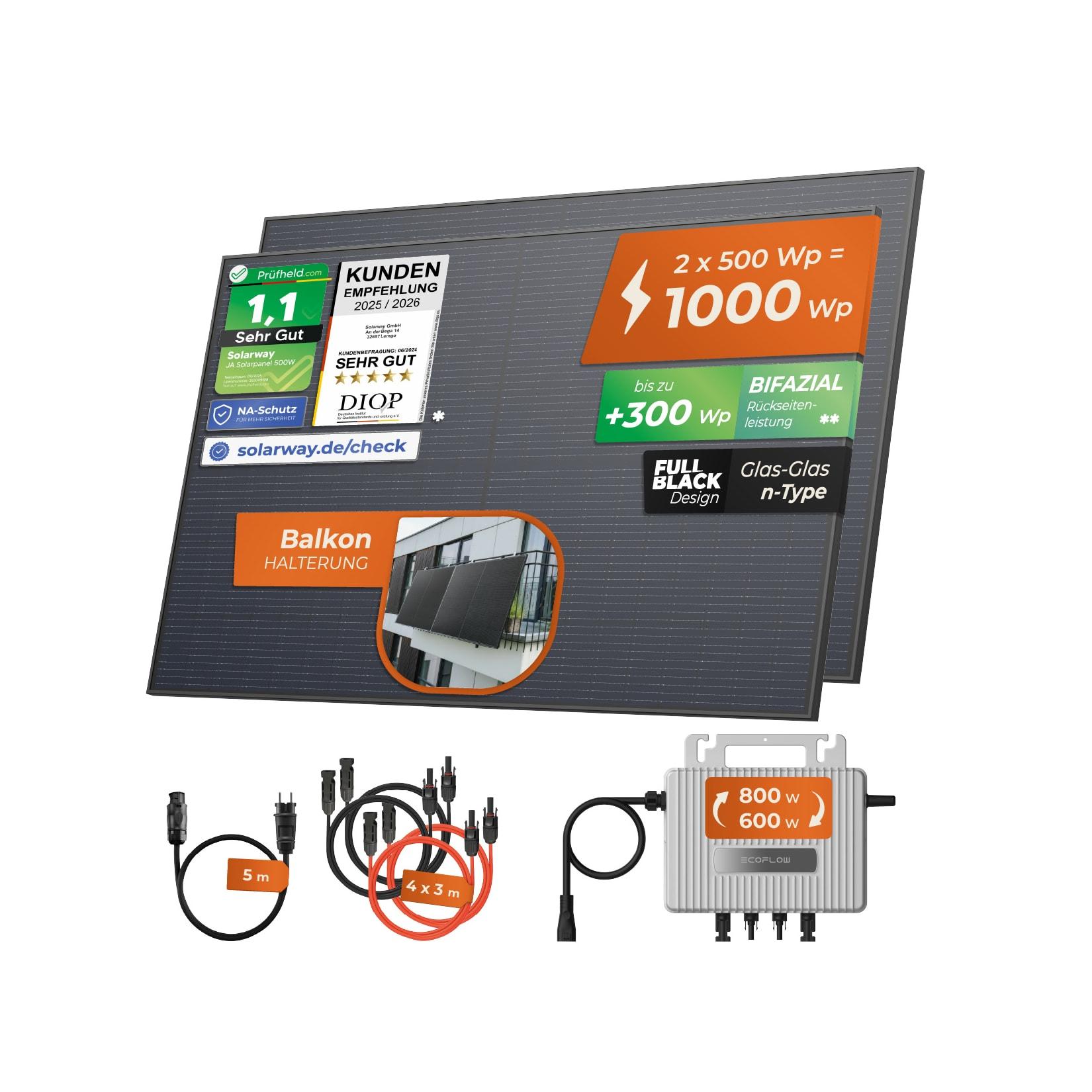 Solarway® 1000Wp / 800W Balkonkraftwerk komplett Steckdose - neuester EcoFlow Stream 800 Watt Wechselrichter - Solaranlage Komplettset - 500W bifaziale black Solarmodule & EcoFlow & Zubehör