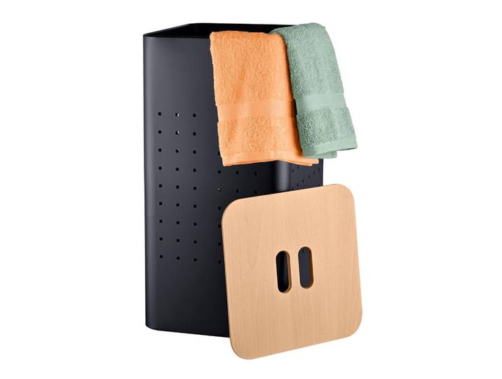 Relaxdays Wäschekorb Schwarz Metall mit Deckel Holzoptik 55 l, Metall, Holzwerkstoff, 31.5x56x31.5 cm, Badaccessoires