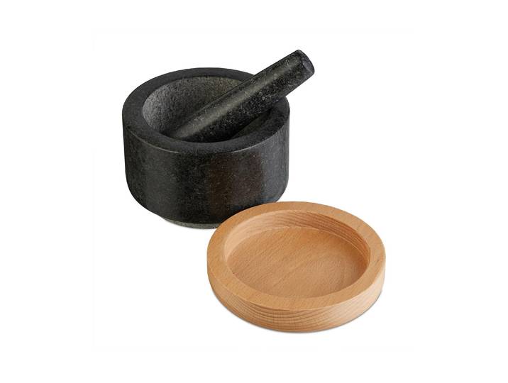 Mörser RELAXDAYS 14 cm , schwarz (grau, schwarz), H:10cm Ø:14cm, Buchenholz, Granit, Mörser, Mörser