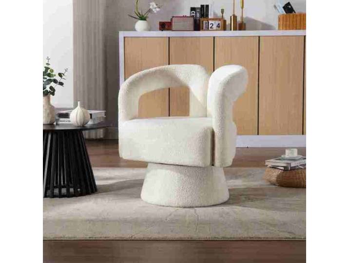 Fauteuil pivotant 360° - LANGTU - Tonneau - Tissu bouclé beige - Mousse haute densité - Piètement métal