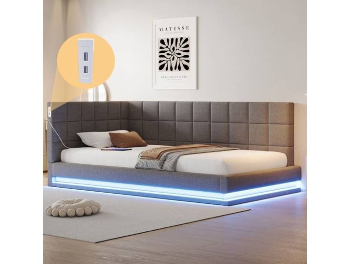 Lit de jour Lit plat Lit Banquette 90x200cm rembourré velours LED+USB lattes Gris