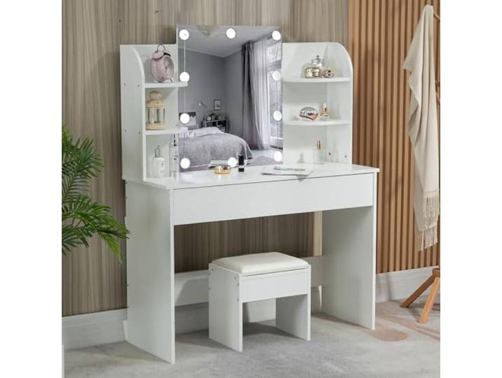 Thanaddo Schminktisch mit Beleuchtung, Spiegel, Hocker, Schublade & 4 Ablagefächern, 105 x 40 x 140 cm, Frisiertisch, Modern Kosmetiktisch, Weiß