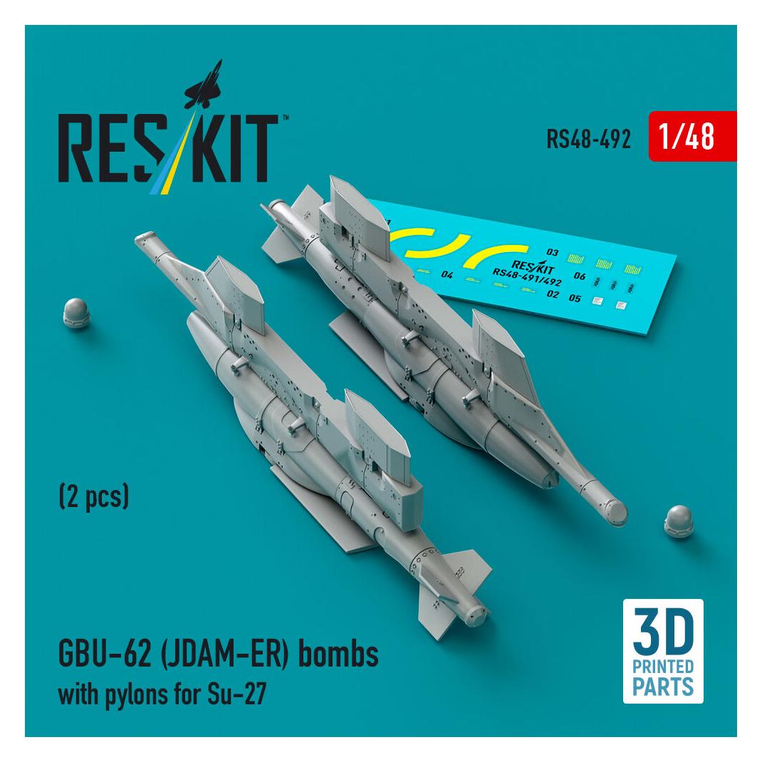 ResKit GBU-62 (JDAM-ER) bombs with pylons for Su-27 Flanker (2 pcs) (3D Printed) (RS48-0492)