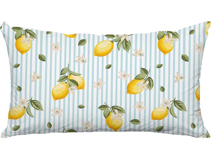 Dekokissen QUEENCE Zitronen Hellblau , gelb (hellblau, bedruckt gemustert gestreift), B:60cm L:40cm, Polyester, Dekokissen_Sitzkissen_Kissenhüllen, Dekokissen, Premium Outdoor Kissenbezug; Format: 60x40 cm