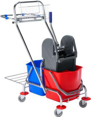 Schäfer Shop Select Reinigungswagen, 2 x 17 l Eimer/Mopp-Presse/Gitterkorb/Müllsackhalter, Lenkrollen, B 400 x T 920 x H 980 mm, blau-rot