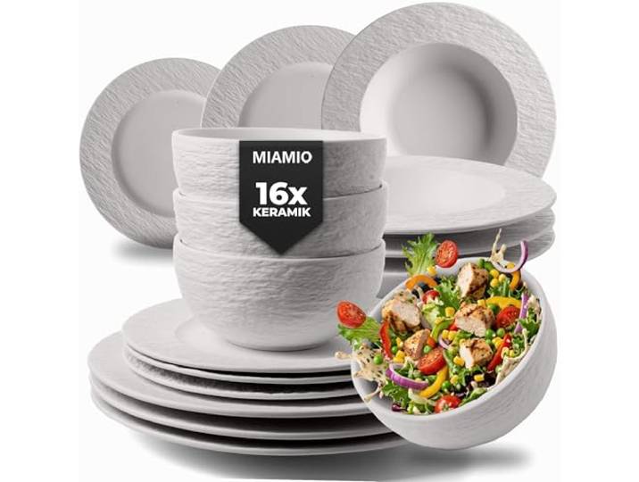 MIAMIO - Geschirrset/Tafelservice für 4 (16-teilig) - Oasis (Weiß) Modernes Tafelservice Steingut / große & kleine Teller, Schüsseln & Tassen, Keramik Geschirr Set - spülmaschinenfest