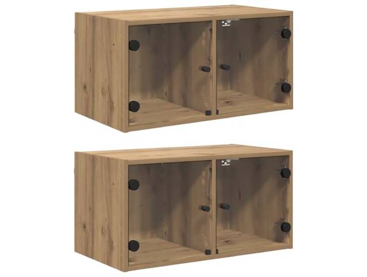 Wandschrank, 2 Stück, 68 x 37 x 35 cm, Holz, Eiche Wandmontage, 4 Einlegeböden, Glastüren, handwerkliches Eichen-Finish, einfache Reinigung