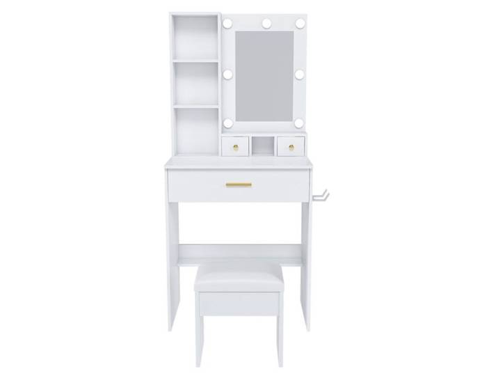 ELVORIN Coiffeuse avec miroir LED 3 modes prise intégrée 3 tiroirs tabouret 60 x 38 x 131 5 cm blanc