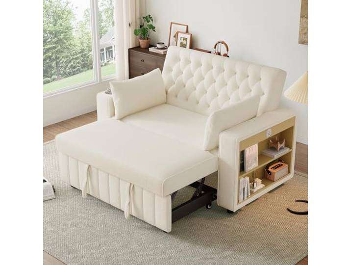 Merax Multifunktionales 3-in-1 Schlafsofa mit Stauraum, USB & Getränkehalter – Modernes 2-Sitzer Ausziehsofa für Wohnzimmer & Gästezimmer