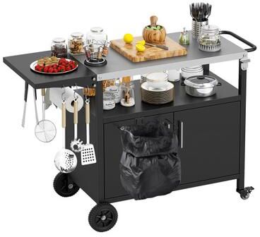 Costway Outdoor Grill Cart with Storage and Folding Stainless Steel Top-Black