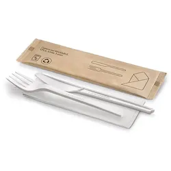 Natureko Kits 3/1 CPLA weiß wiederverwendbar (Messer/Gabel/Papierserviette) (250 Einheiten)