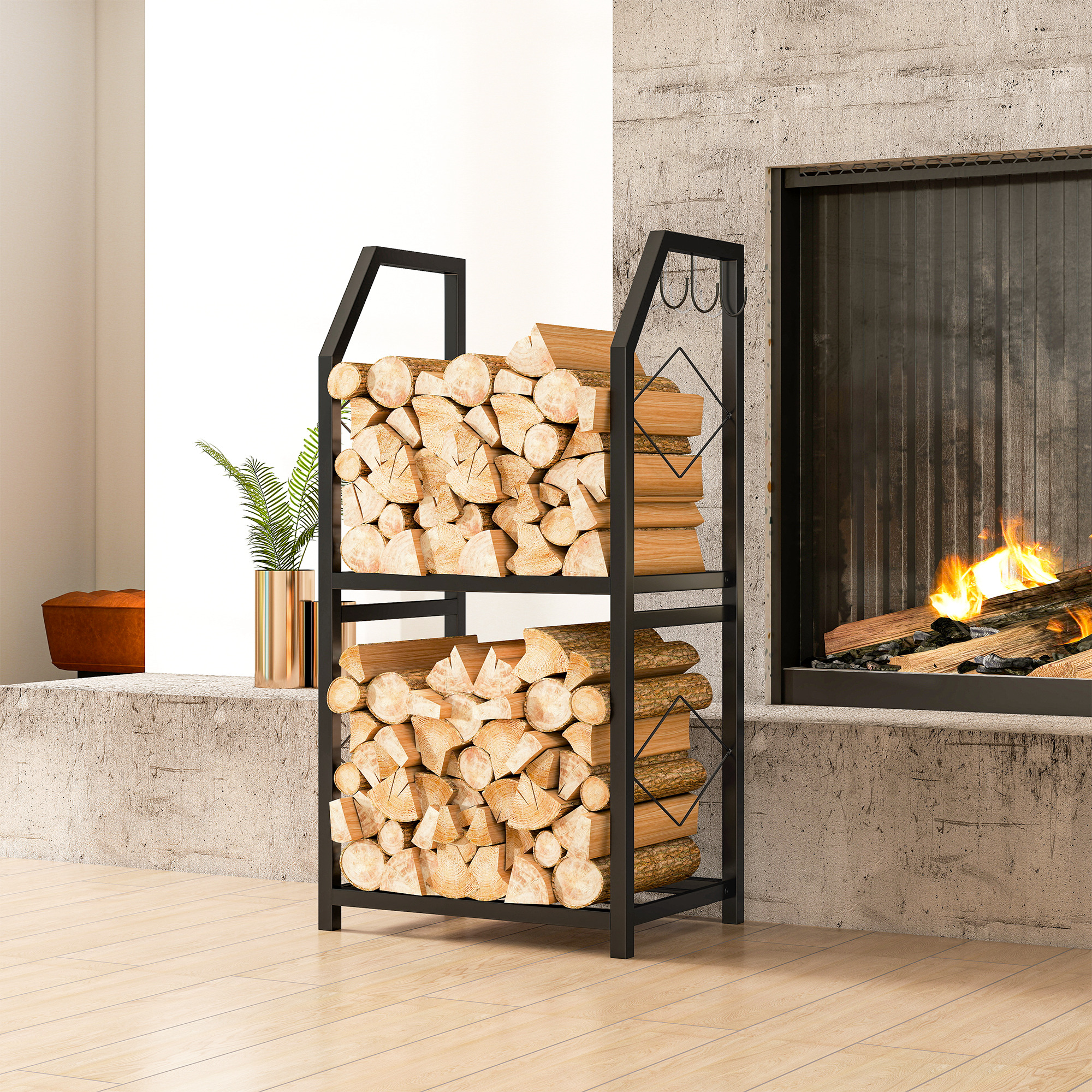 Outsunny Portalegna da Esterno e Interno a 2 Livelli con 3 Ganci Laterali in Acciaio, 41x30x81 cm, Nero   Aosom Italy