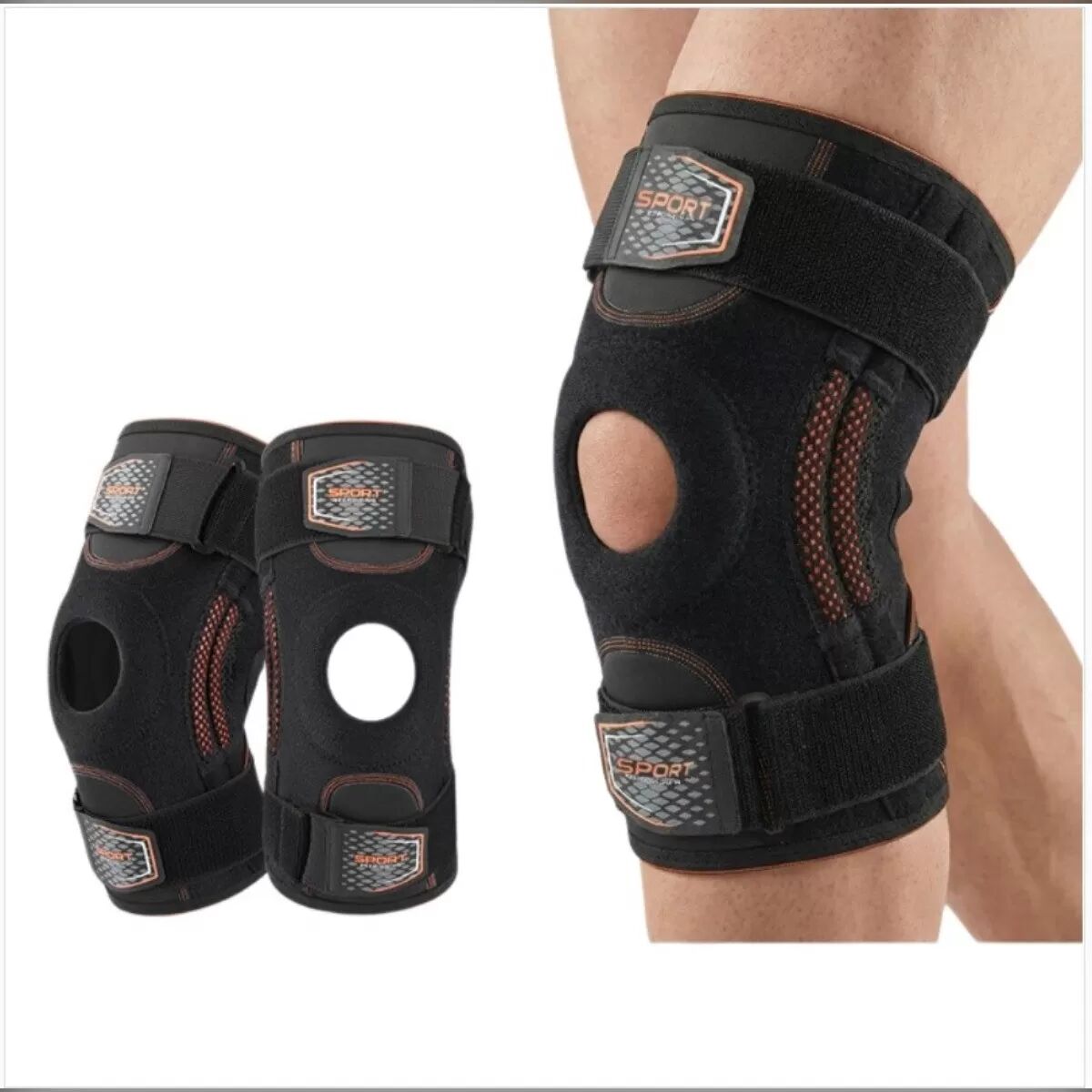 INF Verstellbares Sport-Kniebandage-Set mit Doppel-Feder-Patellastabilisator, Neopren & OK-Gewebe, Schwarz