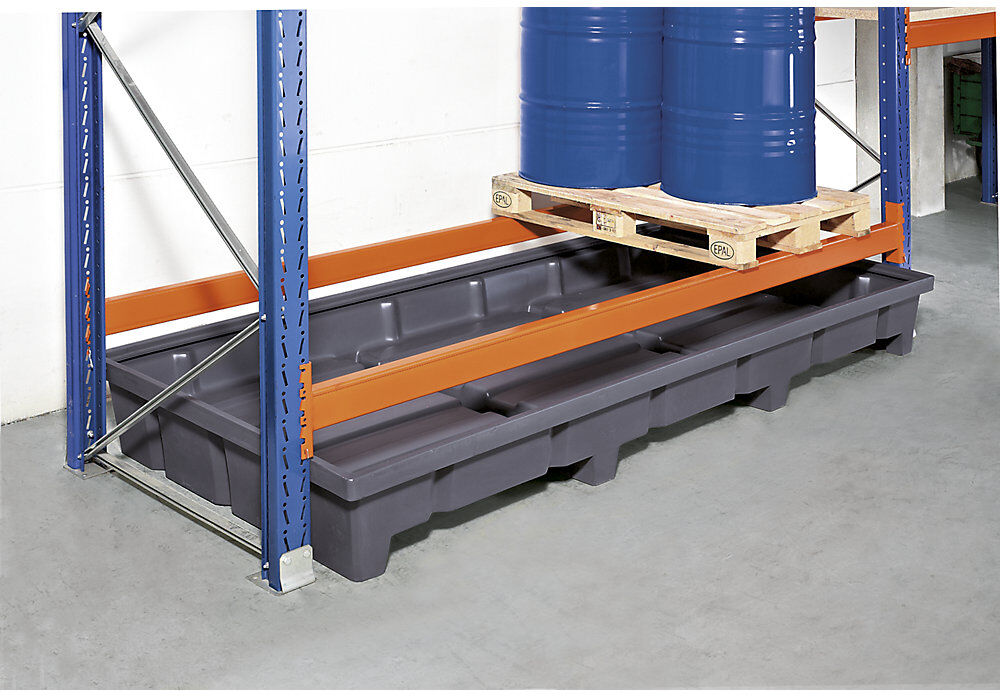 kaiserkraft Regal-Bodenwanne, aus Polyethylen, Auffangvolumen 400 l, für Fachbreite 1800 mm