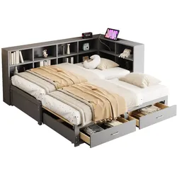 OKWISH Multifunktionales Schlafsofa 90×190 aus Massivholz, ausziehbar zu Gästebett, mit Stauraum, Euro-Steckdose, robustes Wohnzimmersofa, bequem, Grau