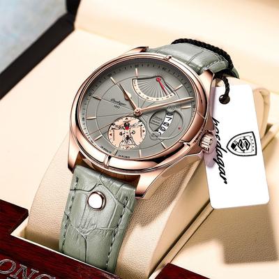 PRiME Luxury Business Men Quartz Wristwatch, Waterproof Luminous Date Leather Man Watch, Fashion Reloj Hombre 802 Gold Green