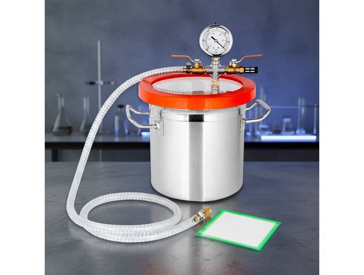 Mucola Vakuumbehälter 7,6L Vakuumkammer Edelstahl 20x20cm Entgasungskammer Harzfalle, Edelstahl und Acryl, (Stück, 1-tlg., Mit Glycerin gefüllter industrieller Vakuummeter), Abgedichtet zur Vermeidung von Lecks