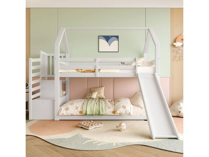 Lit superposé - KOMHTOM - Maison enfant - 90x200 cm - Escalier avec rangement - Bois massif