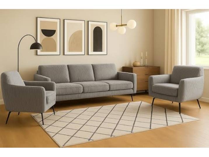 A&J MöbelLand GmbH Polstergarnitur Benito: 3-Sitzer Sofa + 2 Sessel – Wohnzimmer Set, modernes Design, Bonellfederkern, langlebige Qualität, Bezug in Grau