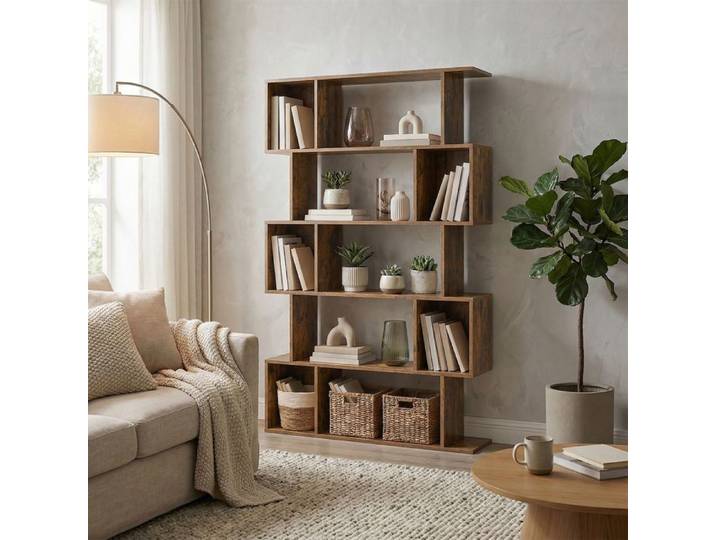 Bibliothèque 5 Niveaux Étagère de Rangement Ouverte S-Forme pour Bureau Salon Chambre Marron
