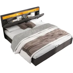 OKWISH Stylisches LED-Bett 160x200 mit Leinenoptik – Graues Polsterbett mit verstellbarer Beleuchtung, Lattenrost stabiler MDF-Rahmen Dunkelgrau