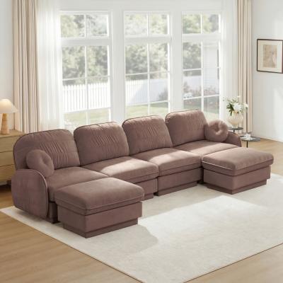 Loedds 137-inch 4-Seat U-Shaped Modular Sofa with 2 Movable Ottomans, Round Pillows and Quilted Cushions
